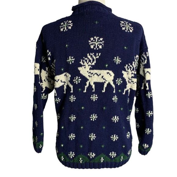 Vintage Jones New York Hand Knit Sweater M Petite Blue Reindeer Pullover - Picture 4 of 6